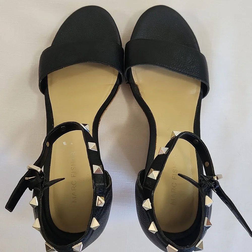 Marc Fisher Black Leather Studded Cork Wedges. Size 9.5